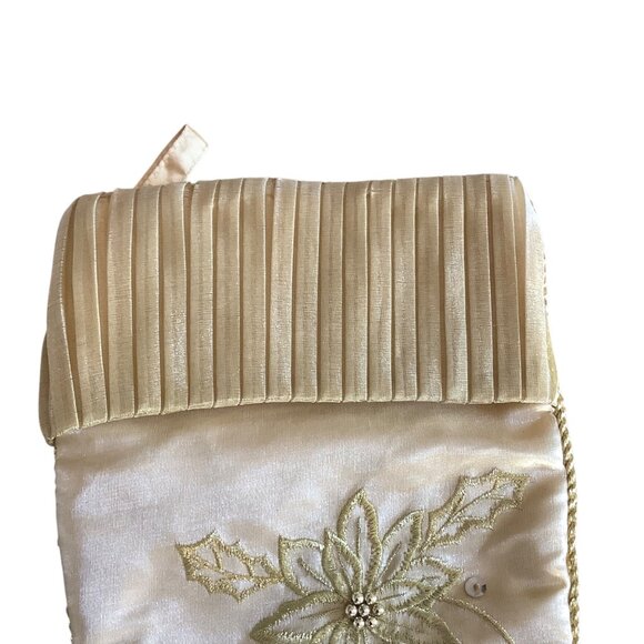 Elegant Embroidered Beaded Christmas Stocking Gold Floral Pleated Cuff 18.5” - Picture 3 of 6